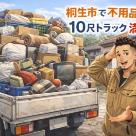 トラックの前に集まる片付けスタッフのイラスト