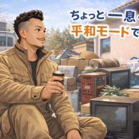 笑顔でポーズをとる作業スタッフのイラスト
